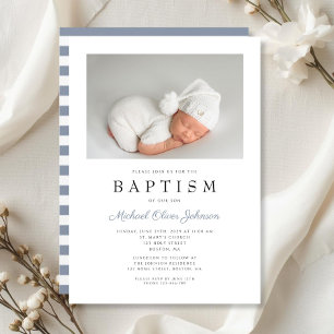 Invitation Rayures Bleu Poussiéreux Élégant Baptême Garçon Ph