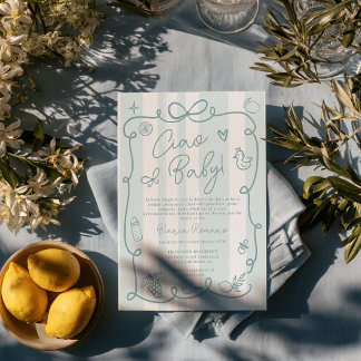 Invitation Rayures bleues Fête italienne Ciao Baby Shower