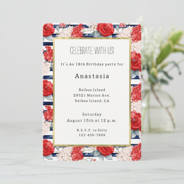 Invitation Rayures bleues rouge blanc floral Anniversaire (Debout devant)