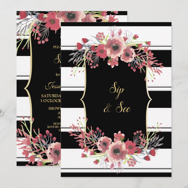 Invitation Rayures Chic Fleurs Aquarelle Sip & See (Devant / Derrière)