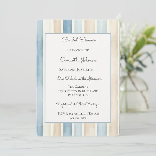 Invitation Rayures Crème Bleu Baby Shower   (Debout devant)