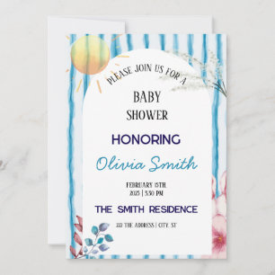 Invitation Rayures de peinture à l'eau bleue Baby Shower Bohè