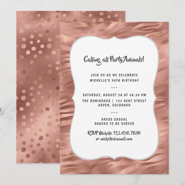 Invitation Rayures de tigre en feuille d'or rose pour anniver (Devant / Derrière)