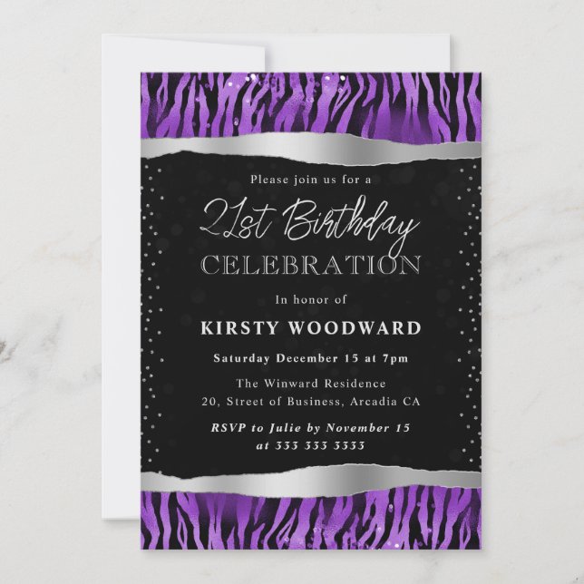 Invitation Rayures de Tigre Violet et Noir 21e Anniversaire (Devant)
