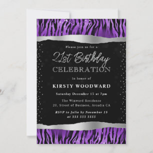 Invitation Rayures de Tigre Violet et Noir 21e Anniversaire