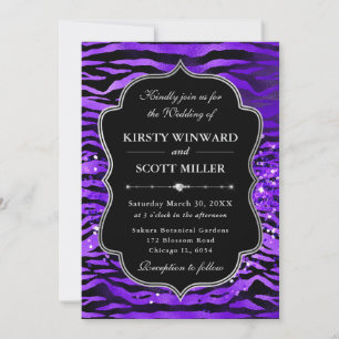 Invitation Rayures de Tigre Violet Paillettes Glamour Mariage