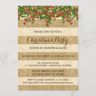 Invitation Rayures de toile de jute et partie de houx de Noël