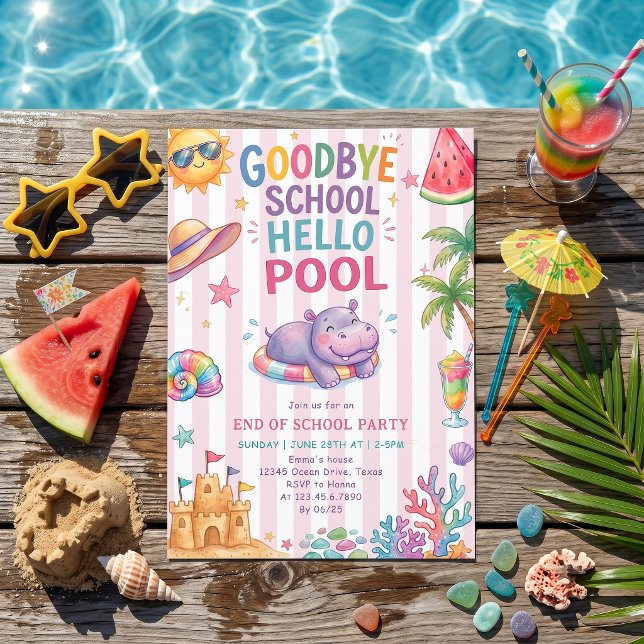 Invitation Rayures de Vacances Piscine Bonjour (Créateur téléchargé)