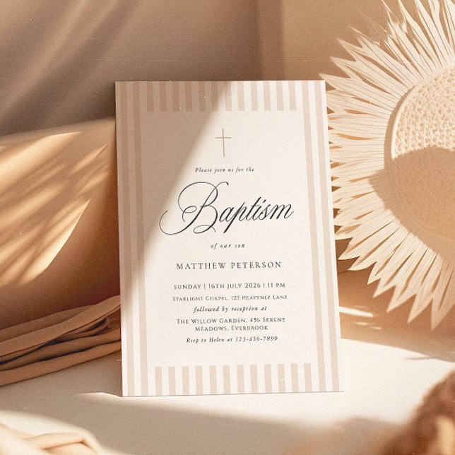 Invitation Rayures Élégantes Baptême Calligraphie Beige (Créateur téléchargé)
