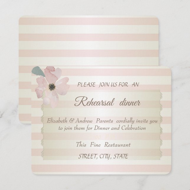 Invitation Rayures Fleur Chic, Dîner de répétition de mariage (Devant / Derrière)