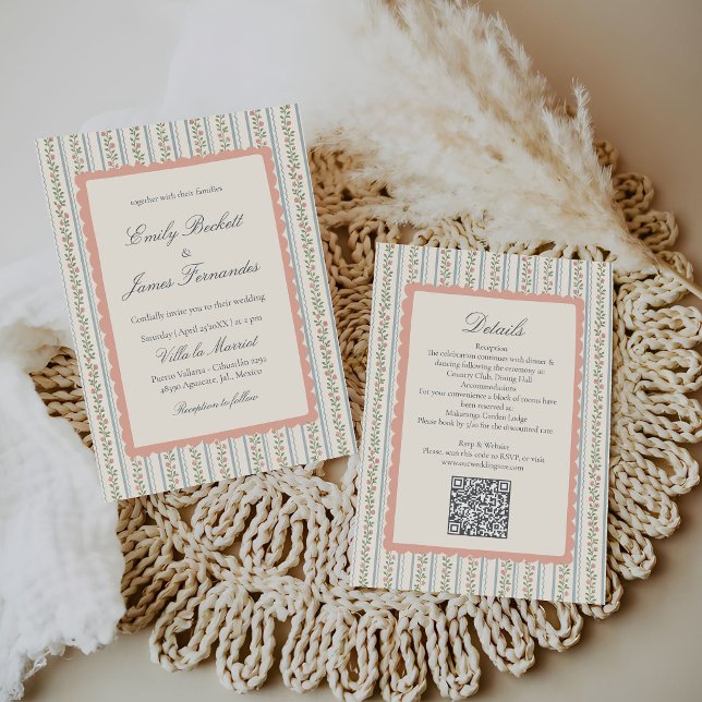 Invitation Rayures Florales Mariage Rétro Vintage (Créateur téléchargé)