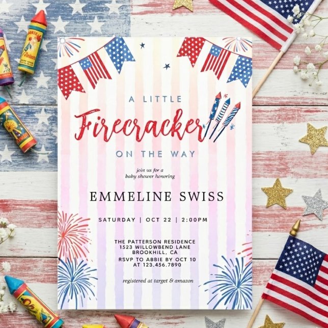 Invitation Rayures Little Firecracker Fête Prénatale Bébé 4 J (Créateur téléchargé)