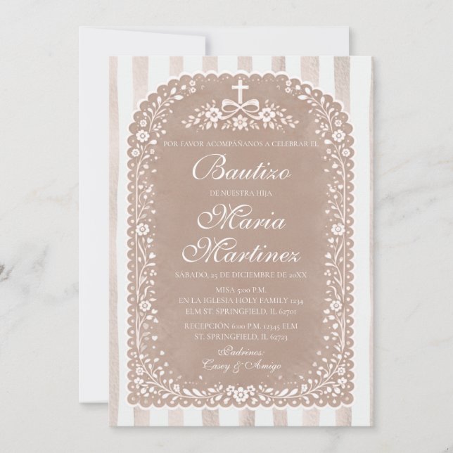 Invitation Rayures Marron Floral Talavera Espagnole de Baptêm (Devant)