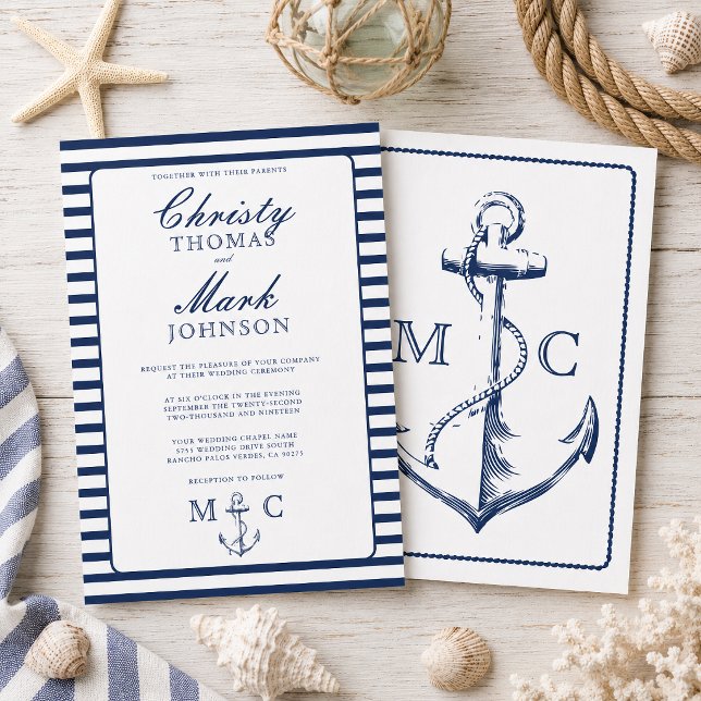 Invitation Rayures Nautiques Mariage Ancre Navy (This wedding nautical themed invitation is inspired by classic anchors and stripes.
)