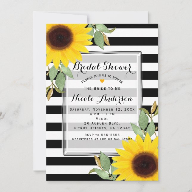 Invitation Rayures Noir Blanc Coin Fleurs Solaires Floral Chi (Devant)