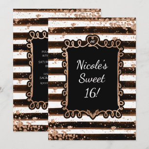 Invitation Rayures Noir & Blanc Paillettes Rose Go