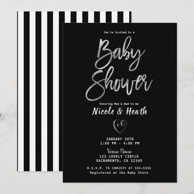 Invitation Rayures noires et blanches Baby Shower chic argent (Devant / Derrière)
