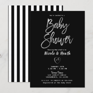 Invitation Rayures noires et blanches Baby Shower chic argent