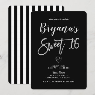 Invitation Rayures noires et blanches Cœur argenté Chic Sweet