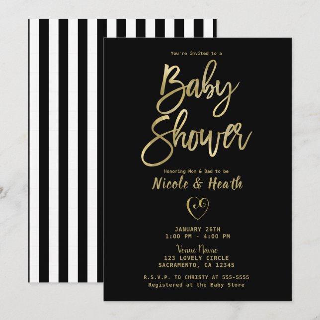Invitation Rayures noires et blanches dorées Baby Shower chic (Devant / Derrière)