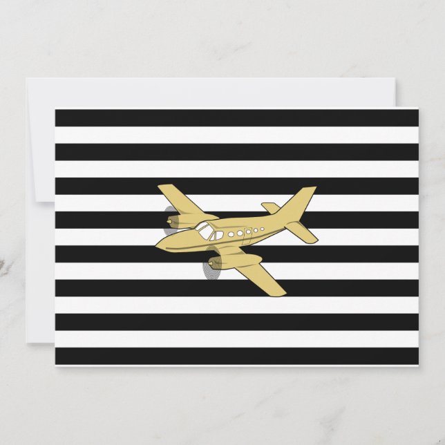 Invitation Rayures noires et blanches et avion en or  (Devant)