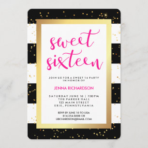 Invitation Rayures noires et blanches et sweet sixteen d'or