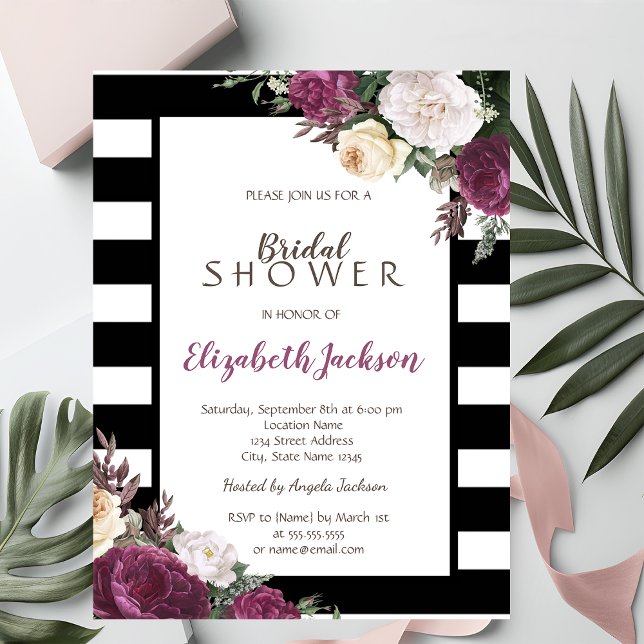 Invitation Rayures noires et blanches Fleurs Mariage civil (Créateur téléchargé)