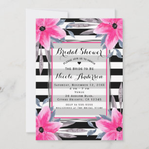 Invitation Rayures noires et blanches Fleurs roses Botanique 