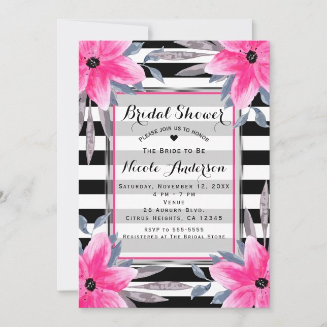 Invitation Rayures noires et blanches Floral moderne botaniqu (Devant)