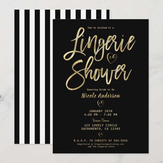 Invitation Rayures noires et blanches Glam lingerie dorée sou (Devant / Derrière)