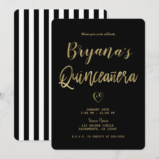 Invitation Rayures noires et blanches Or Chic 15 ans Quinceañ (Devant / Derrière)