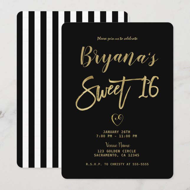 Invitation Rayures noires et blanches Or Chic Moderne Douce 1 (Devant / Derrière)