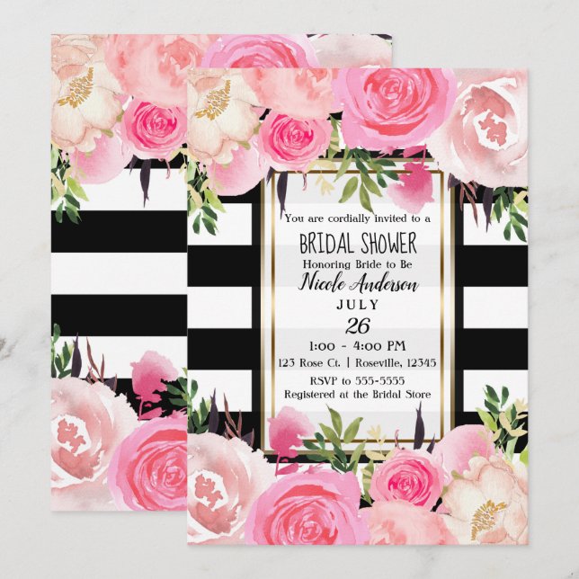 Invitation Rayures noires et blanches Or Rose Floral Mariage (Devant / Derrière)