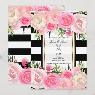 Invitation Rayures noires et blanches or rose floral mariage