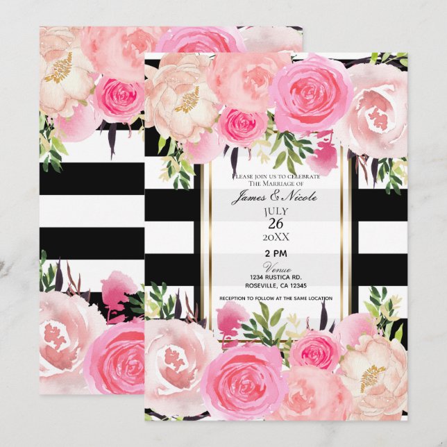 Invitation Rayures noires et blanches Or Rose Floral Mariage (Devant / Derrière)