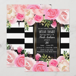 Invitation Rayures noires et blanches Or Rose Floral Mariage