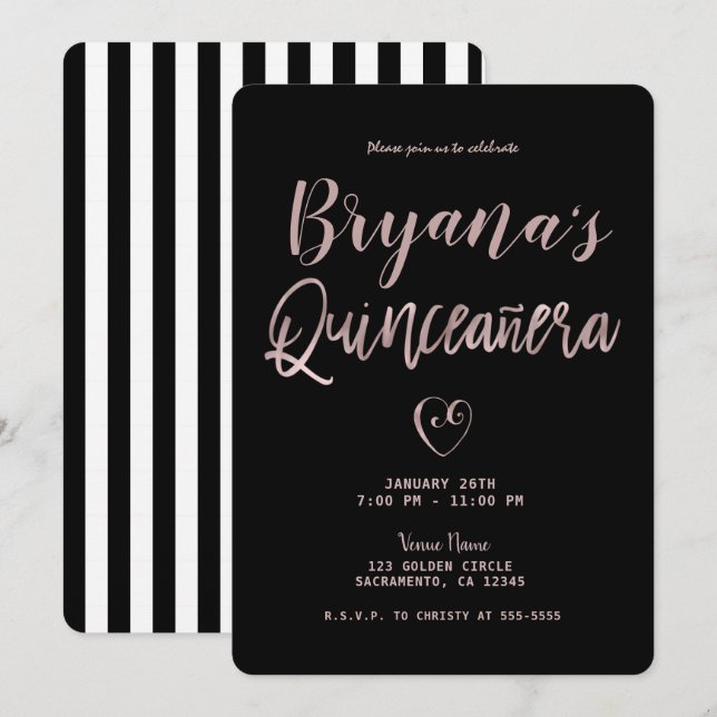 Invitation Rayures noires et blanches Rose doré 15 Quinceañer (Devant / Derrière)