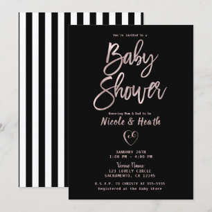 Invitation Rayures noires et blanches Rose Gold Rose Baby Sho
