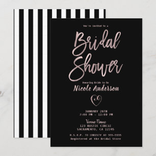 Invitation Rayures noires et blanches Rose Gold Rose Poudrée