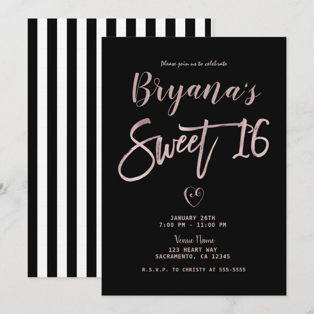 Invitation Rayures noires et blanches Rose or rose Chic Douce (Devant / Derrière)