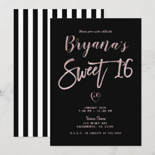 Invitation Rayures noires et blanches Rose or rose Chic Douce