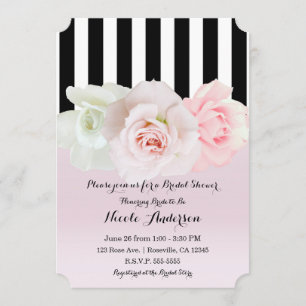 Invitation Rayures noires et blanches Roses roses Baby shower