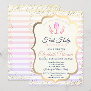 Invitation Rayures ombrées Confettis Première Sainte Communio