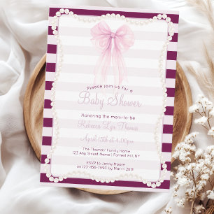 Invitation Rayures Prépa Rose Noeud Perles Baby Shower