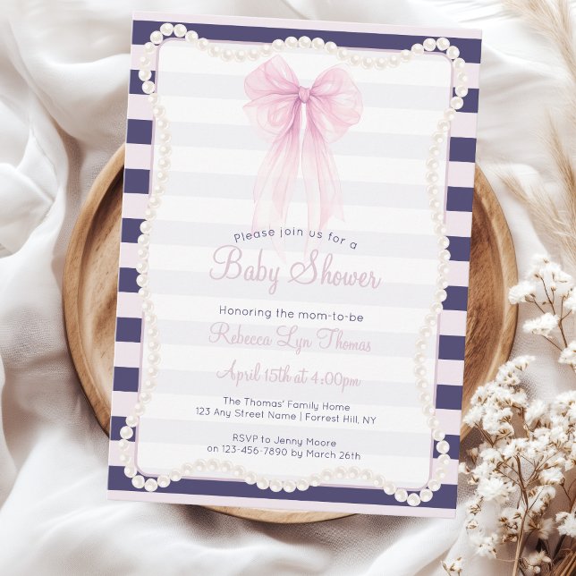 Invitation Rayures Prépa Rose Perles Fête de Naissance Bébé (Créateur téléchargé)
