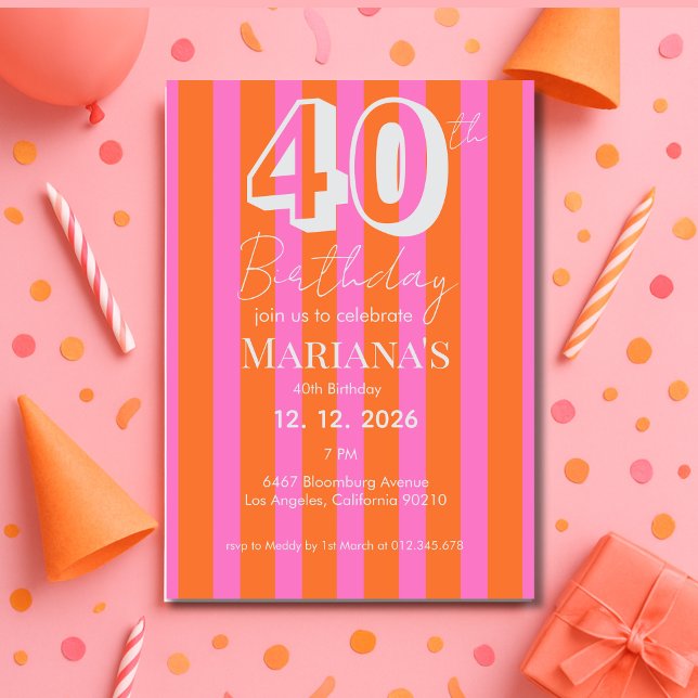 Invitation Rayures rose orange moderne 40e anniversaire  (Créateur téléchargé)