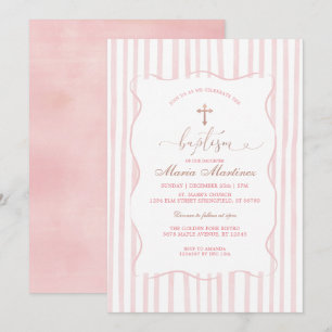 Invitation Rayures Rose Pâle Baptême pour Fille