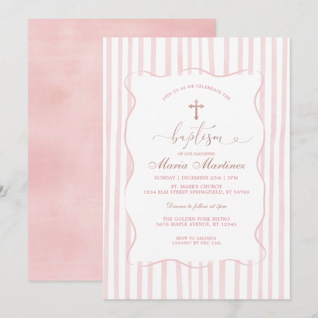 Invitation Rayures Rose Pâle Baptême pour Fille (Devant / Derrière)