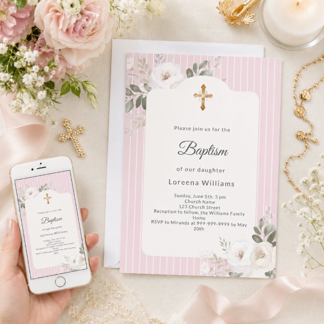 Invitation Rayures rose poudré fleurs blanches fille Baptême (Créateur téléchargé)