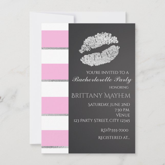 Invitation Rayures roses et blanches Faux baiser de lèvres en (Devant)